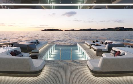Rendering of 50M Sunreef Explorer catamaran aft deck infinity pool and curved furniture 