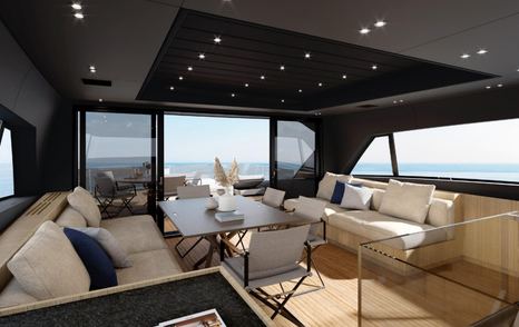 Sanlorenzo SX100/02 upper deck seating area and sliding glass doors 