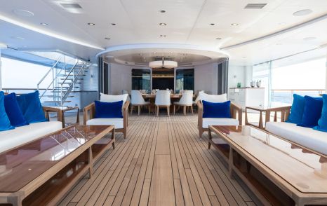 Superyacht Rocinante's upper aft deck with shaded seating and circular dining area 