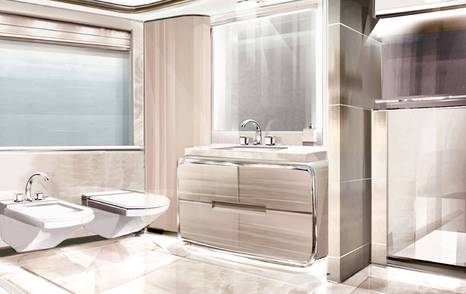 Wooden effect bathroom, with white sink and mirrors