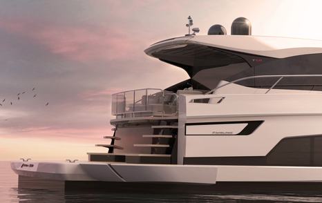 rendering of the beach club area on the Targa 58 GTB yacht on calm water as sun set turns the sky pink