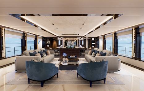Rendering of Superyacht Serenity II main saloon with dual white sofas 
