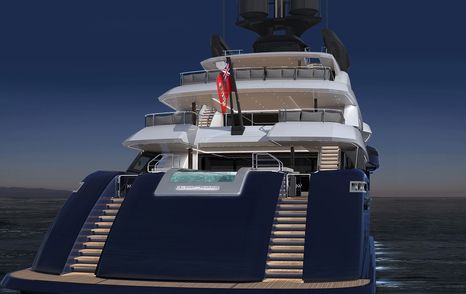 Rendering of ISA Classic 65 stern with integrated stairs and infinity pool