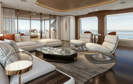 Rendering of the first Maiora 36 Exuma Motor Yacht saloon seating area