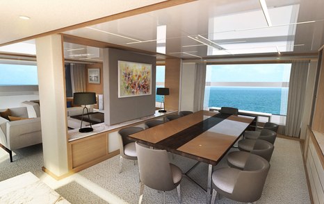 A rendering of a dining section on board a Johnson luxury yacht