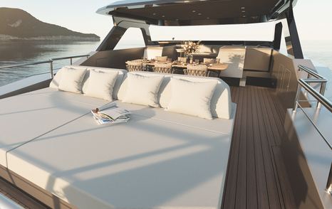 The Outer Reef Adventure 780's upper deck sunbathing area features a comfortable sunpad