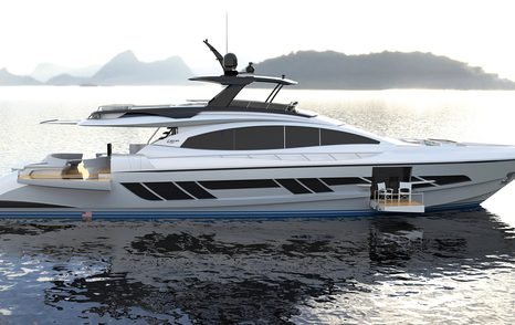 A side profile rendering of a modern yacht for sale