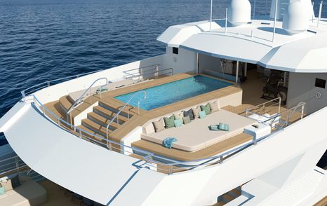 Rendering of superyacht Haife upper deck swimming pool with integrated sunpads 