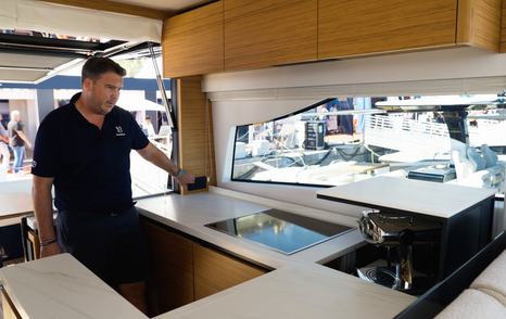 Solaris-Power-60-Coupe-Review-galley-worktop-and-rising-coffee-machine-during-onboard-tour