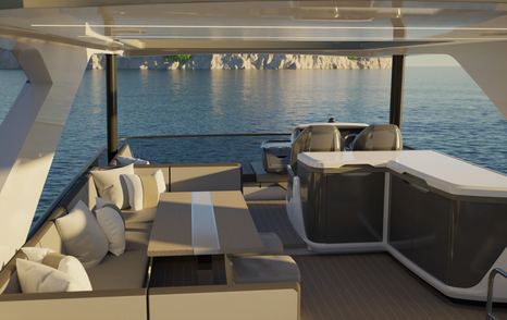 Rendering of Pearl 63 motor yacht flybridge with U-shaped seating and helm station