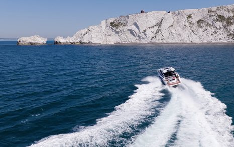 Fairline Targa 47 GT cruising past the Needles on the Isle of Wight