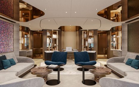 Rendering of Sanlorenzo 74Steel superyacht main saloon with curve white seating