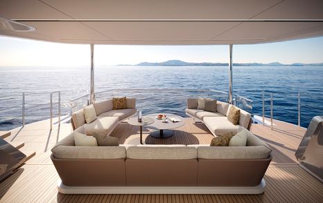 Rendering of Princess X90 motor yacht aft deck seating onlooking ocean