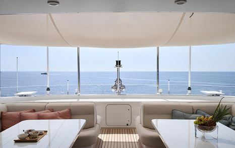 Superyacht Philosophy's upper deck aft with shaded seating