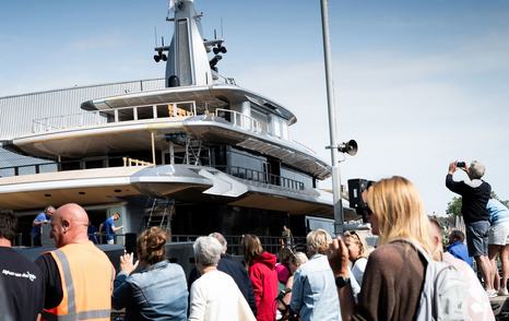 Crowd watching Feadship Superyacht Thalassa (Project 826) navigate Dutch canals 