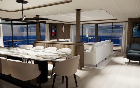 Rendering of Lazzara LPC 300 catamaran main saloon dining area