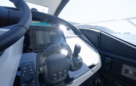 Volvo Penta IPS joystick and throttle controls at the Fairline Targa 47 GT helm