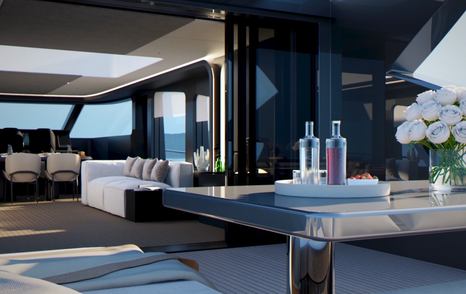 Rendering of AB Yachts AB 95 superyacht alfresco dining area leading into main saloon