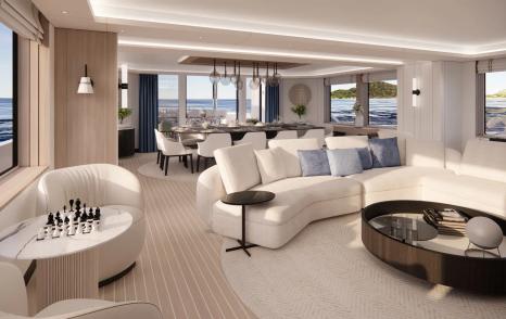 Rendering of superyacht Project Discovery main saloon with round coffee table and curved white seating 