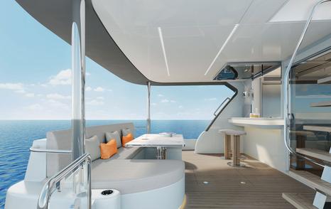 Rendering of CL Yachts CLB65 SUV boat aft deck shaded seating and bar area