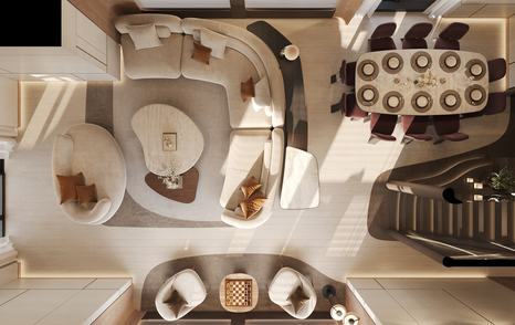Aerial Rendering of Bering 110 explorer yacht main salon with curved white saloon and dining area 