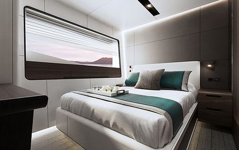 double cabin with bed with white linen, rectangular window, white wall panels and floorboards on board Astondoa AS8 yacht