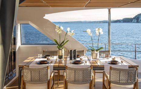 Motor yacht Numero Dix bridge aft deck shaded alfresco dining