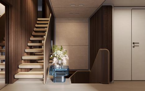 Rendering of Custom Line Saetta 128' motor yacht indoor stairway