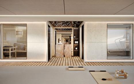 Rendering of Cantieri di Pisa Super Polaris 70 explorer yacht wellbeing area with yoga mats and dumb bells