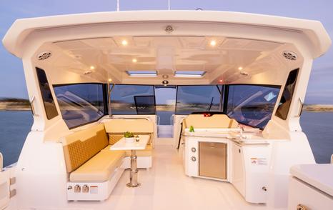 Aquila 35 Sport catamaran interior with shaded front and built in seating