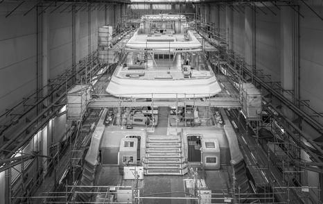 Stern shot of Superyacht Cerulean (Project Thunderball) under construction in black and white 