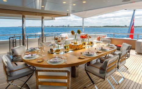 Superyacht Atomic's aft shaded dining area