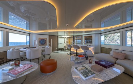 Bilgin 163 II Superyacht Camila skylounge with bar area and marbled coffee tables 