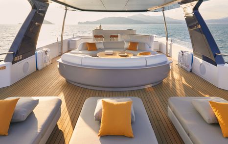 Azimut Grande Trideck superyacht sundeck with shaded seating and sunpads 