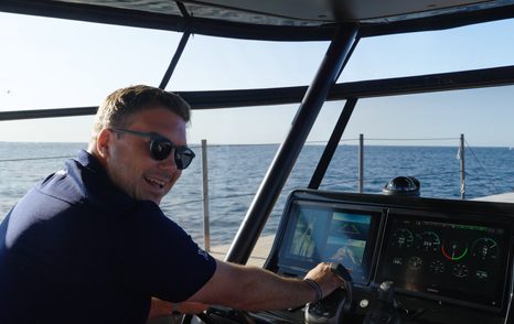 Bluegame BGF45 Jack at helm during sea trial at Cannes