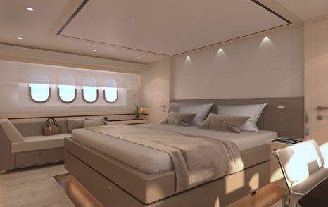 Double bed in cabin of superyacht HELGA