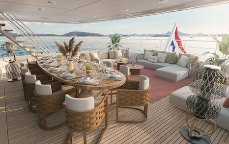 Rendering of Superyacht Agnetha aft deck shaded alfresco dining