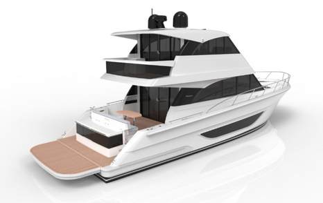 A render of the revised Maritimo M50 Flybridge, finished in white with extensive glazing and swim platform