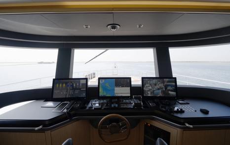 Helm station on the Gulf Craft Majesty 100 Terrace with panoramic forward visibility