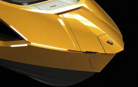 Angled view of Lamborghini badge on the bow of the Tecnomar for Lamborghini 63