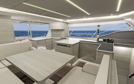 Rendering of interiors and dining area onboard Aquila 46 Yacht