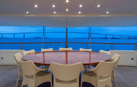 Superyacht Bella Vita's shaded aft circular dining table 