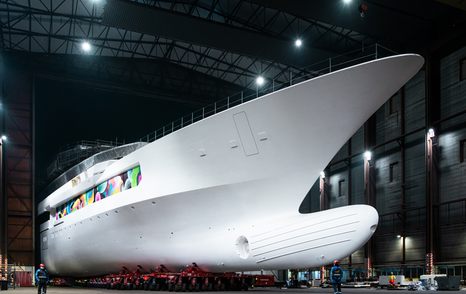 Superyacht Y726 emerging from construction shed
