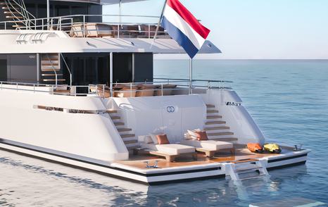 Rendering of superyacht Moon Cane stern with sun loungers 