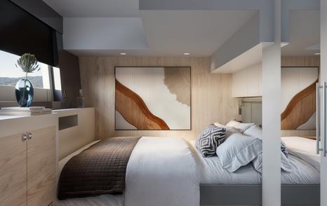 Rendering of VisionF 65 Hybrid Catamaran master cabin with abstract art 