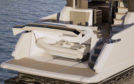 Rendering of Pearl 63 motor yacht hydraulic stern with hidden tender 