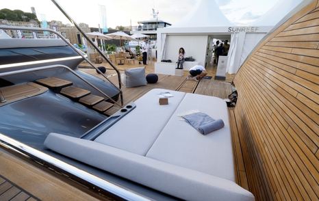 Sunreef Ultima 88 aft sunpad above the tender garage