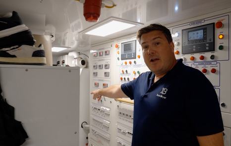 Custom Line Navetta 38 engine room with secondary controls and engineer access to systems and switchboards