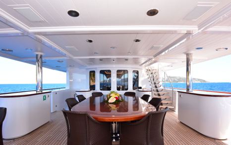 Superyacht Berilda's aft deck shaded dining area