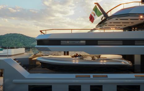 Rendering side view of explorer yacht Atlas' decks with tender